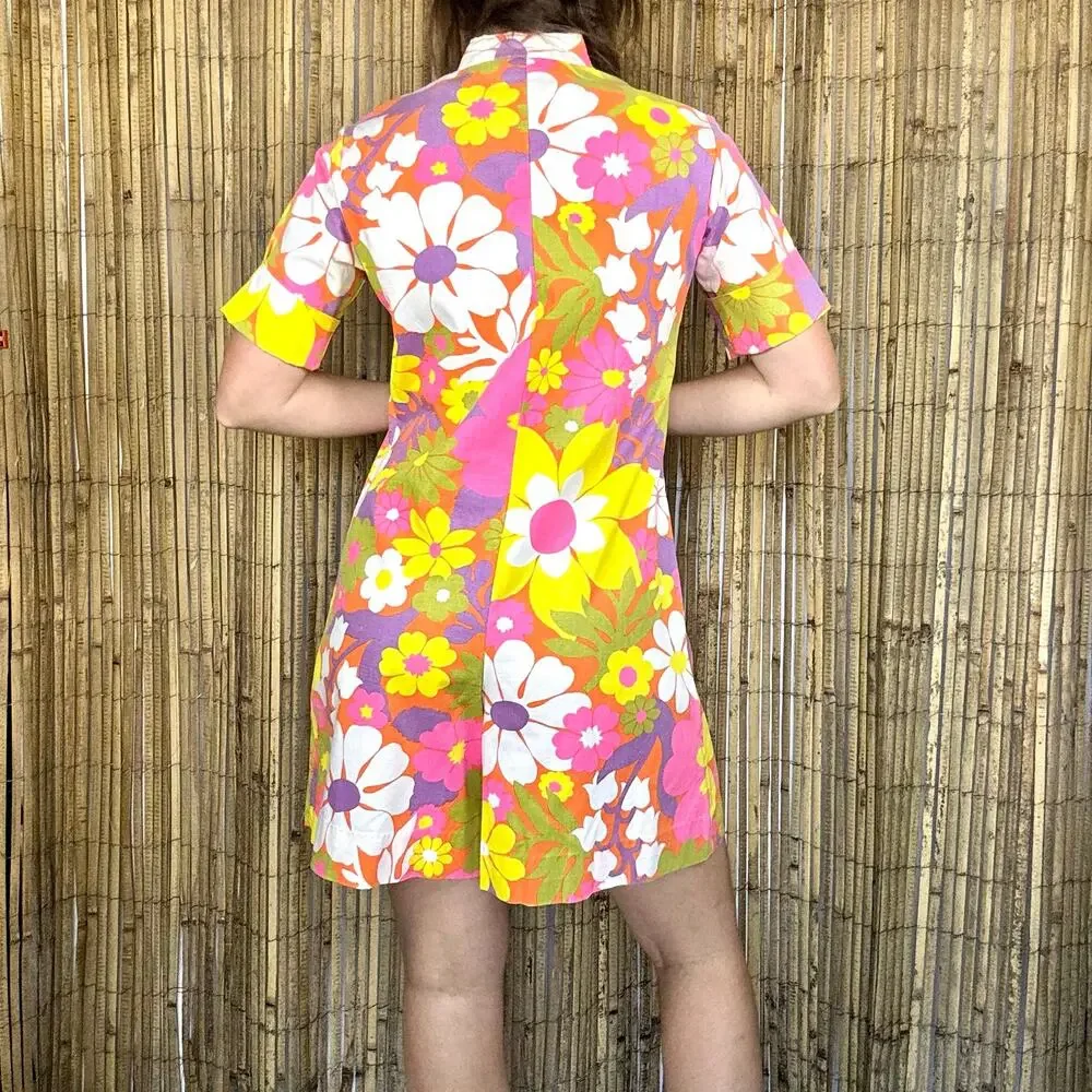 Vintage 1960s Lady Wrangler Floral Canvas Romper Jumpsuit Mod Pink Yellow